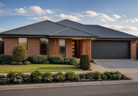 modern Australian brick home with a Monument Colorbond hip roof